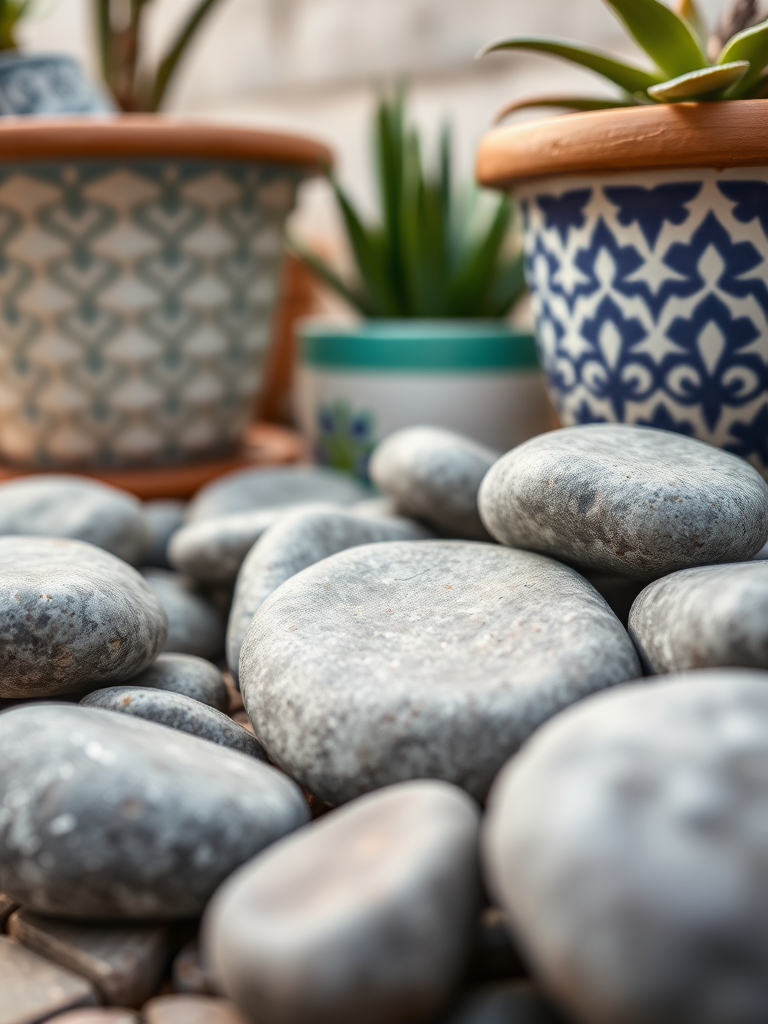 Capture a close-up of smooth gray stones arranged near decorative pots, with soft natural lighting to enhance textures, using a DSLR camera at f/2.8 aperture, 50mm lens, ISO 100, and a shallow depth of field for a blurred background effect.