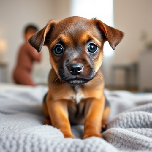 Cute brown puppy with big expressive eyes sitting on a soft gray blanket in a well-lit room, looking directly at the camera with an adorable expression.