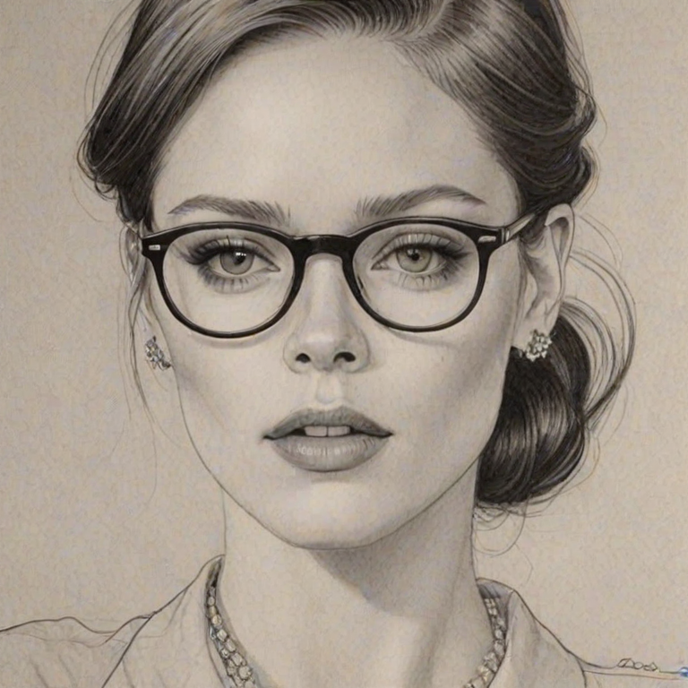 Magnificent Coco Rocha, pencil sketch, portrait of Pleasing woman 1931s in glasses, hair style beatnik, outline, clear lines, fine lines, 8k
