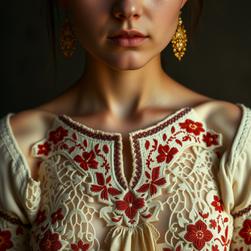 Face, shoulders, chest covered in openwork Ukrainian embroidery. Raw, unedited image.