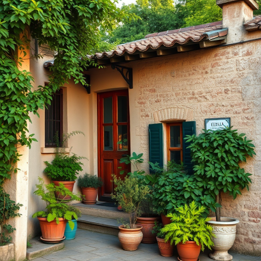quaint village house with textured walls surrounded by lush greenery and potted plants, early morning light, 50mm lens, aperture f/2.8, ISO 100, shot at eye level with a full-frame DSLR to enhance image quality