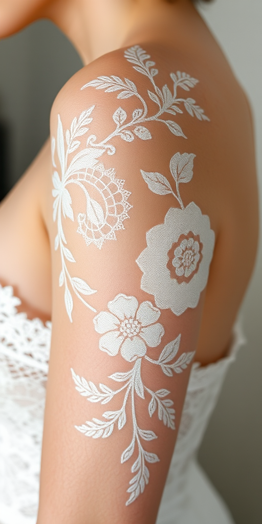 Ethereal white ink tattoo showcasing delicate lace patterns and intricate floral designs, visible as a subtle raised texture on the skin for a elegant and understated look