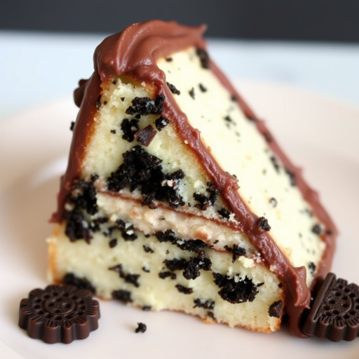 A slice of moist vanilla cake layered with dark chocolate cookie crumbs and frosted with a rich chocolate cream, served on a light-colored plate, showcasing the texture and layers of the cake.