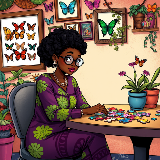 A vibrant and whimsical illustration of an african american woman sitting at a table working on a colorful jigsaw puzzle. she is wearing round glasses, and patterned clothing in shades of purple and green.  The background features an eclectic collection of framed butterflies, potted plants, and other natural elements, creating a warm and inviting atmosphere. The style is playful and modern, with rich textures, intricate details, and a lively color palette.