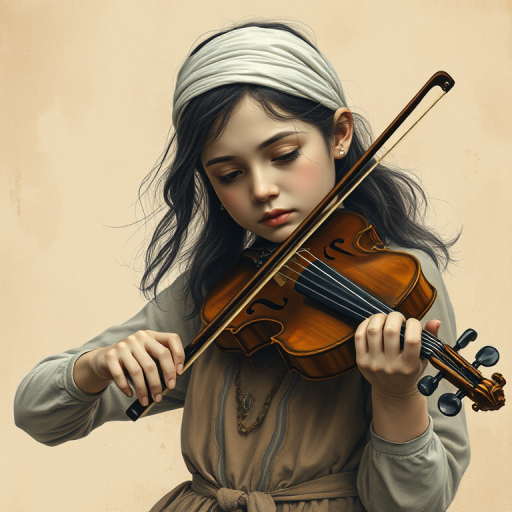a young M'tis woman with a white headband playing a violin, in the style of a charcoal drawing, sepia grunge background