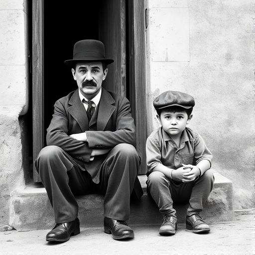 A black-and-white photograph of a man and a child sitting on steps in front of a doorway. The man is dressed as a tramp with a bowler hat, mustache, and ragged clothes, reminiscent of Charlie Chaplin's iconic look. He is sitting with his arms crossed and an expression of slight sadness or frustration. Next to him is a young boy, also in worn clothes and a cap, sitting with his hands clasped, looking thoughtful. The background is an old, textured wall and a partially open door, creating a vintage, early 20th-century atmosphere.