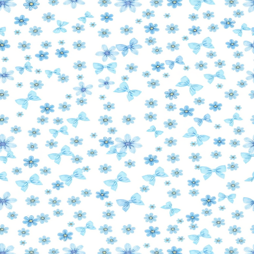 Create a seamless pattern featuring small blue flowers and light blue bows on a white background. The flowers should vary in size and shape, while the bows should be evenly spaced throughout the design, creating a delicate and charming aesthetic.