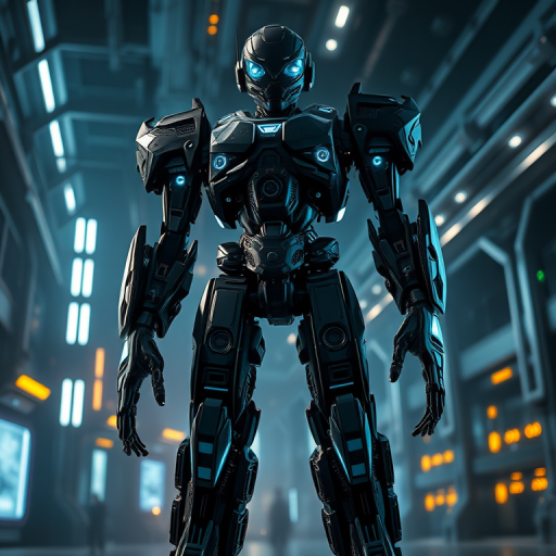 Create a highly detailed image of a futuristic robot standing in a dimly lit, high-tech environment with glowing elements, using a DSLR camera at f/1.8 aperture, ISO 100, 1/60s shutter speed, with a low angle shot to emphasize its imposing stature and dynamic lighting to highlight the intricate mechanical details.