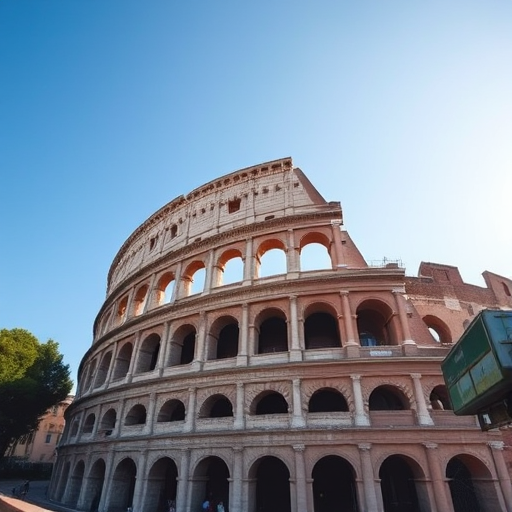Create a detailed image of the Colosseum in Rome, capturing its grandeur from a low-angle perspective, with a 24mm lens, f/8 aperture, ISO 100, using a DSLR camera in natural daylight to enhance clarity and detail.