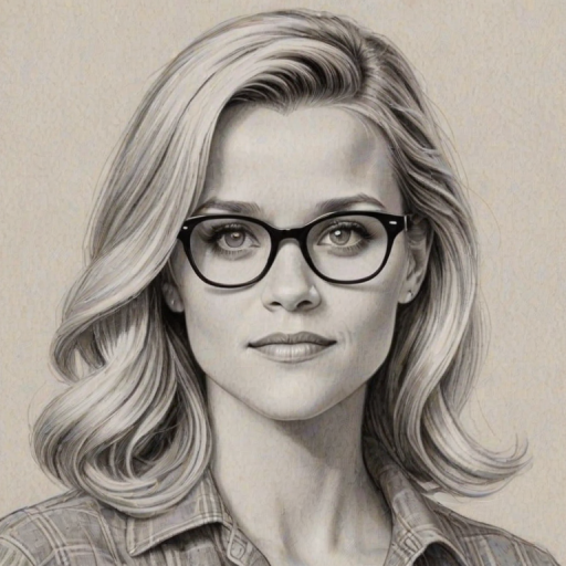 Enchanting Reese Witherspoon, pencil sketch, portrait of Attractive woman 1951s in glasses, hair style beatnik, outline, clear lines, fine lines, 8k