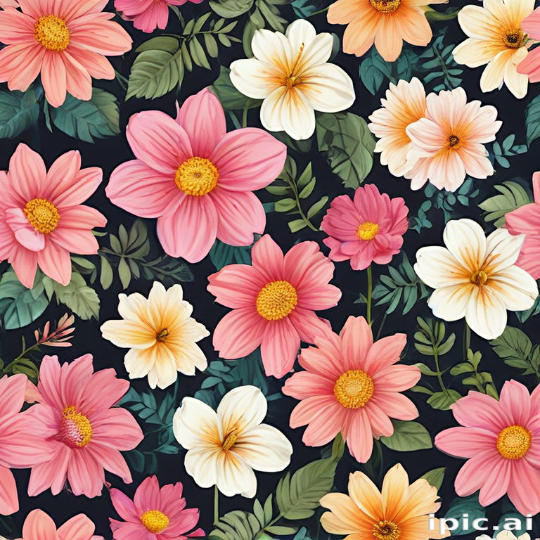 Vibrant Floral Pattern Featuring Various Colorful Flowers on a Dark ...