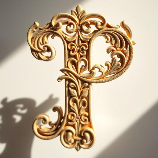 Create a high-resolution image of an ornate letter "P" with intricate swirls and floral designs, capturing the details in sharp focus using a DSLR camera, 50mm lens, f/2.8 aperture, ISO 100, and natural light to enhance texture and contrast.