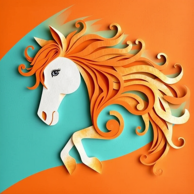 A vibrant paper art depiction of a horse with flowing mane, showcasing intricate swirls and a split-background of orange and teal, captured using a DSLR camera, 50mm lens at f/1.8, ISO 100, with soft natural lighting to enhance textures and colors.