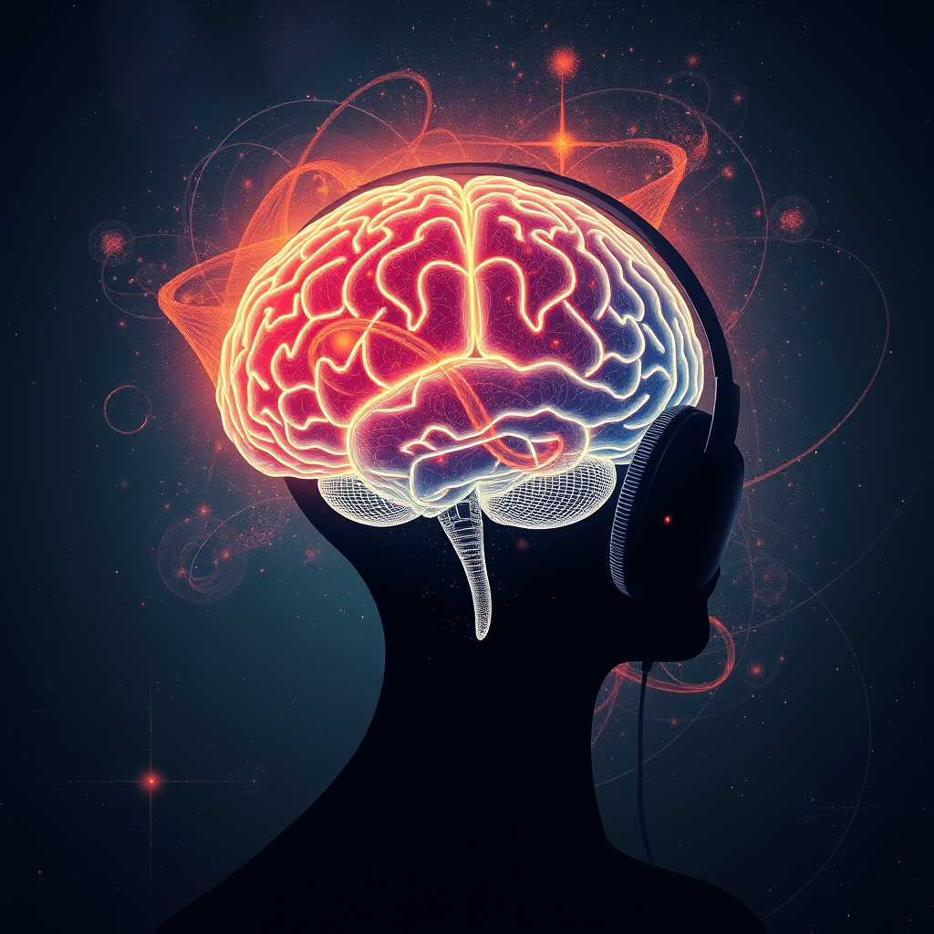 Create a high-resolution digital artwork of a glowing brain surrounded by swirling galaxies, headphones on a stylized human silhouette, shot with a Canon EOS R5 at f/2.8, ISO 100, 50mm lens, using a soft-focus, high-contrast style.