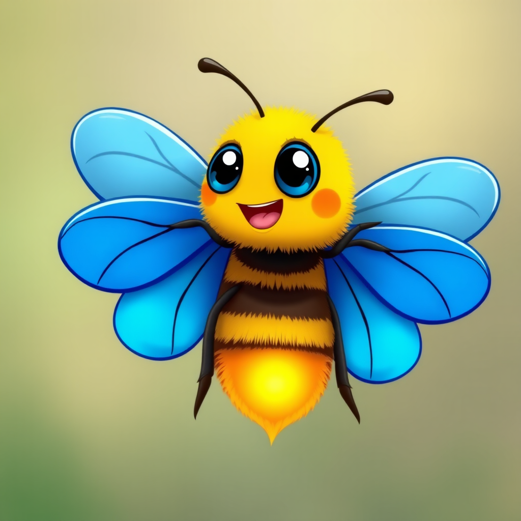 Create a vibrant cartoon-style image of a friendly bee with large blue wings and a bright yellow glowing tail, using a DSLR camera with a 50mm lens, f/1.8 aperture, ISO 100, 1/200 shutter speed, shot from a slight upward angle to enhance detail and vibrancy.