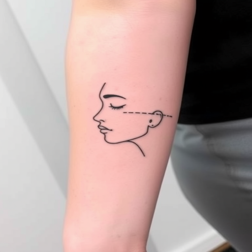 Minimalist line art tattoo illustrating a continuous one-line drawing of a face profile, emphasizing simplicity and negative space, named "Whisper of Lines"