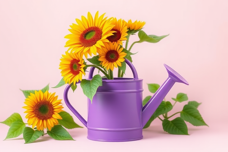 Create an illustration of a purple watering can with vibrant sunflowers and green foliage, captured with a Canon EOS R5 at f/2.8, ISO 100, 50mm lens, in a soft natural light setting, with a minimalistic pastel background.