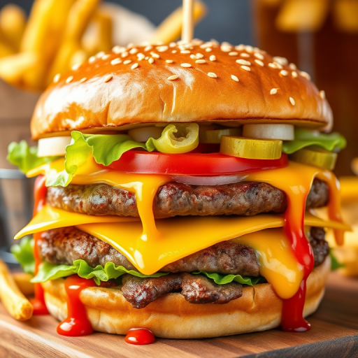 High-resolution, close-up image of a gourmet double cheeseburger. The burger features a glossy, sesame-seed-topped brioche bun. Inside, there are two thick, juicy beef patties, each topped with melted cheddar cheese. The burger is garnished with fresh lettuce, tomato slices, diced onions, and pickles. A generous amount of ketchup and a creamy, orange-colored sauce is dripping down the sides, adding to the mouth-watering appeal. In the background, there are blurred elements including a side of golden French fries and a hint of a beverage, enhancing the overall presentation of a delicious meal.