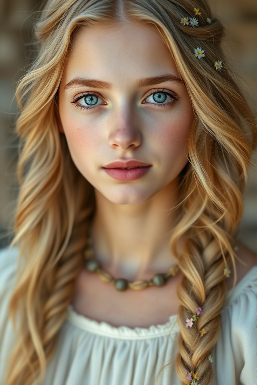 Create an image of a young Sephardic woman with long, wavy blonde hair, adorned with small, colorful flowers woven into her braids and loose strands. Her complexion is fair, with soft, glowing skin, and she has light blue eyes that gaze softly at the viewer. She wears a light, flowing dress with a gentle, ethereal quality, complementing her delicate and serene appearance. The background is slightly blurred, drawing focus to her tranquil expression and the intricate details of the flowers in her hair. The overall mood of the image is one of natural beauty and grace, evoking a sense of peacefulness and connection with nature.