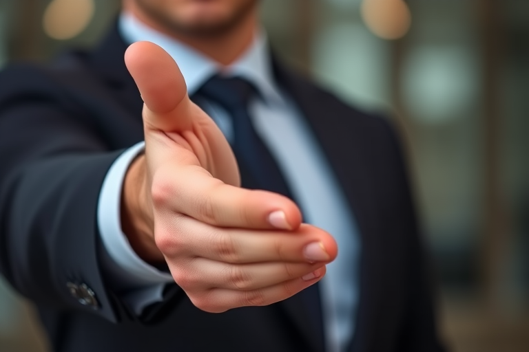Create a high-resolution image of a businessman in a suit extending his hand for a handshake, use a Canon EOS R5 camera with a 50mm f/1.2 lens, aperture set to f/2.8, ISO 100, and 1/200 shutter speed, with a slightly blurred background to focus on the hand and suit, soft lighting for a professional and approachable look.