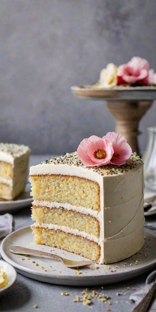 Create a light and fluffy layered cake with a creamy frosting. The cake should have a poppy seed flavor and be adorned with delicate edible flowers on top. Show a slice removed to reveal the soft texture of the layers inside.