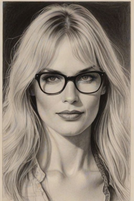 Comely Daryl Hannah, pencil sketch, portrait of Radiant woman 1931s in glasses, hair style beatnik, outline, clear lines, fine lines, 8k