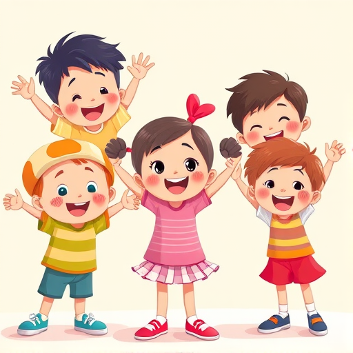 Create a vibrant illustration of playful cartoon children in various poses, using bright colors with a lighthearted theme, captured in high-resolution with a Canon EOS 5D Mark IV, 50mm lens, aperture f/2.8, ISO 100, natural lighting from the front, and a slight bokeh effect for depth.