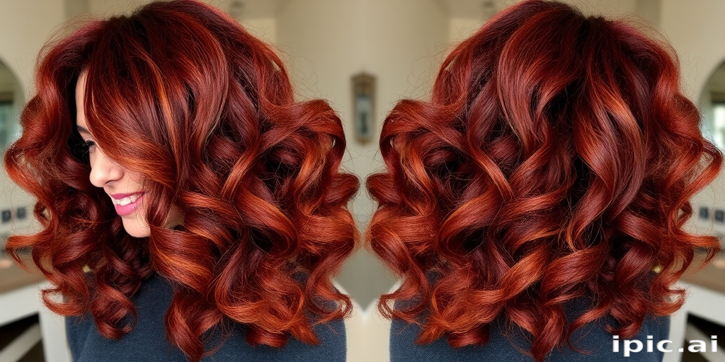 Rich mahogany red locks in the "Cinnamon Swirl" style boast voluminous curls and caramel highlights for depth