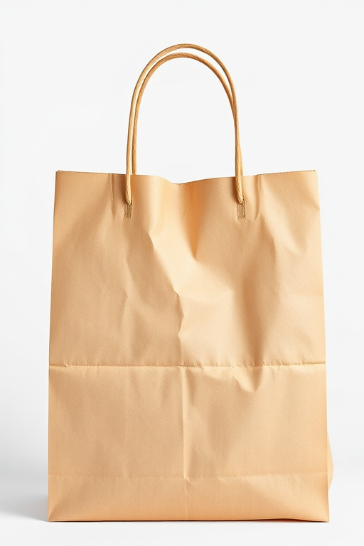 Create a high-resolution image of a crumpled brown paper shopping bag with two handles, shot with a Canon EOS R5, 50mm lens, aperture f/2.8, ISO 100, natural lighting, front view, with a clean white background to enhance visibility and detail.