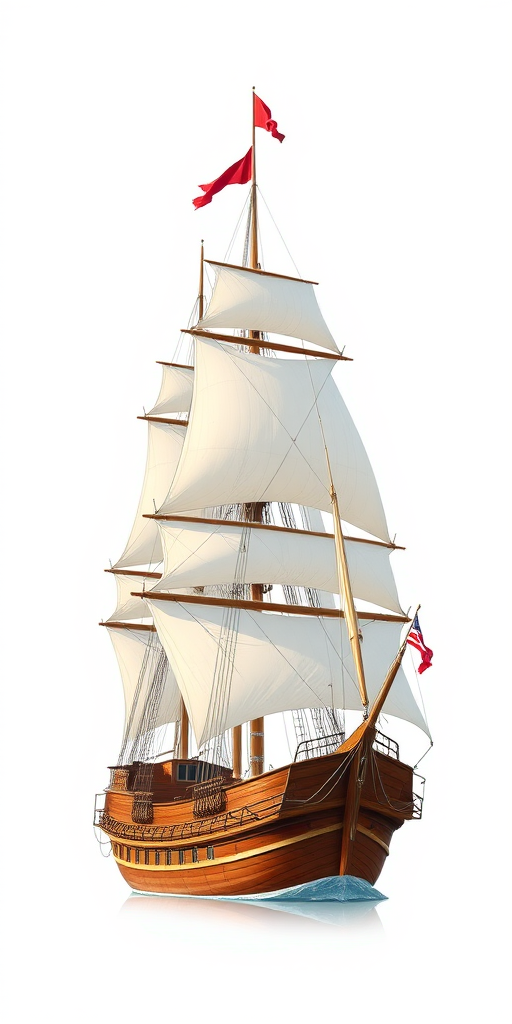Create a high-resolution illustration of a classic sailing ship with detailed sails and flags on a transparent background, using a digital camera setting of f/8 aperture, ISO 100, 50mm lens, with a 3-point lighting setup for enhanced depth and clarity.