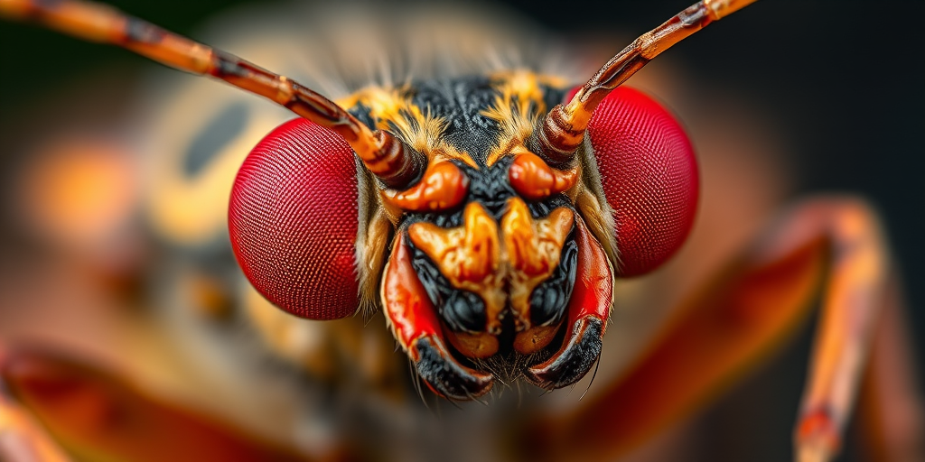 macro shot of an insect with exaggerated features and bright red eyes, focus on details, shallow depth of field, f/2.8 aperture, ISO 100, 60mm macro lens, natural light, high-resolution photography.