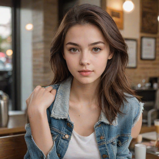 score_9, score_8_up, score_8, score_7_up, score_7, score_6_up, score_6, score_5_up, score_5,  21 year old 1girl, beautiful face, cute girl, gorgeous, supermodel, dark brown eyes, shoulder-length straight hair, parted in the middle, furry denim jacket, white tank top, makeup. Pale smooth Skin, coffee shop blurry background.