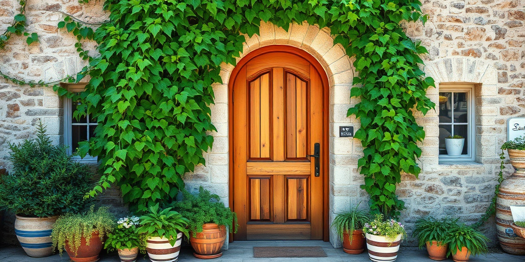 regenerate an image of a rustic stone house facade with a wooden door framed by lush green vines and potted plants, captured using a DSLR camera with a 50mm lens at f/4, ISO 100, in natural sunlight, focusing on a slightly upward angle to emphasize the doorway and texture of the walls.