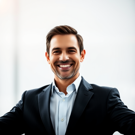 Create a portrait of a smiling man in a suit, arms outstretched as if welcoming, with a soft-focus background, using a Canon EOS 5D Mark IV, 70mm focal length, f/2.8 aperture, ISO 100, natural lighting to enhance image quality.