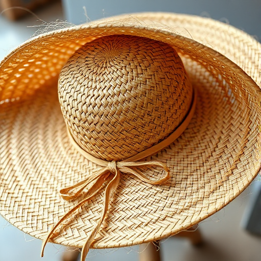 Create an image of a straw hat with a wide brim and a ribbon, captured from a slightly elevated angle using a DSLR camera at f/2.8, ISO 100, shutter speed 1/125s, with natural lighting and a shallow depth of field to enhance focus on the hat's texture and color.