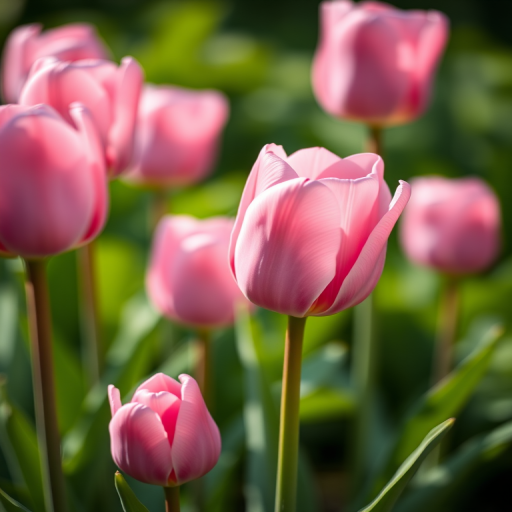 Regenerate the image of pink tulips with a shallow depth of field, using a Canon EOS 5D Mark IV, 50mm f/1.8 lens, aperture f/2.8, ISO 100, soft natural lighting, and a blurred green background for enhanced clarity and contrast.