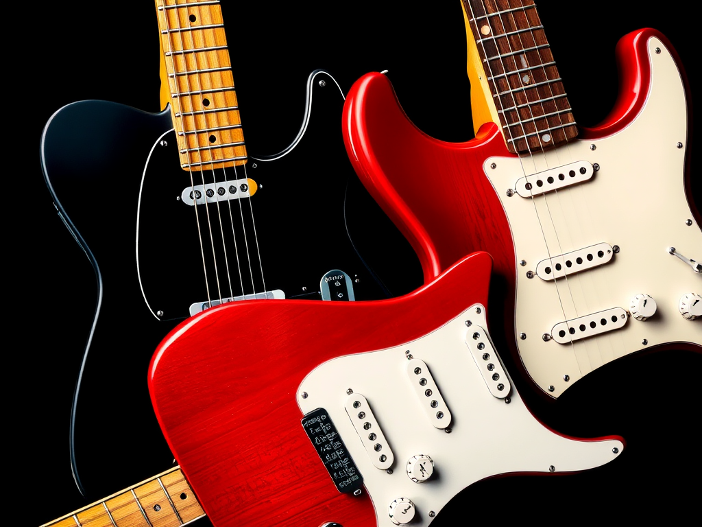 Create a highly detailed illustration of an electric guitar pair: one Telecaster with a black body and natural wood neck, and one Stratocaster in a deep red color with a white pickguard, using a 50mm lens, f/1.8 aperture, and soft lighting setup to enhance the colors and textures of the guitars.