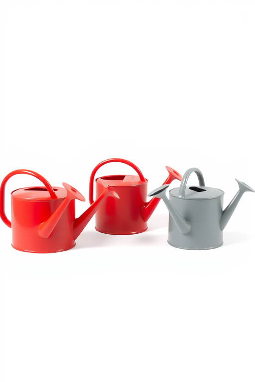 three watering cans in shades of red and gray, centered in a bright white background, captured with a Canon EOS R5, 50mm lens, f/2.8 aperture, 1/125 sec shutter speed, ISO 200, natural light, shallow depth of field