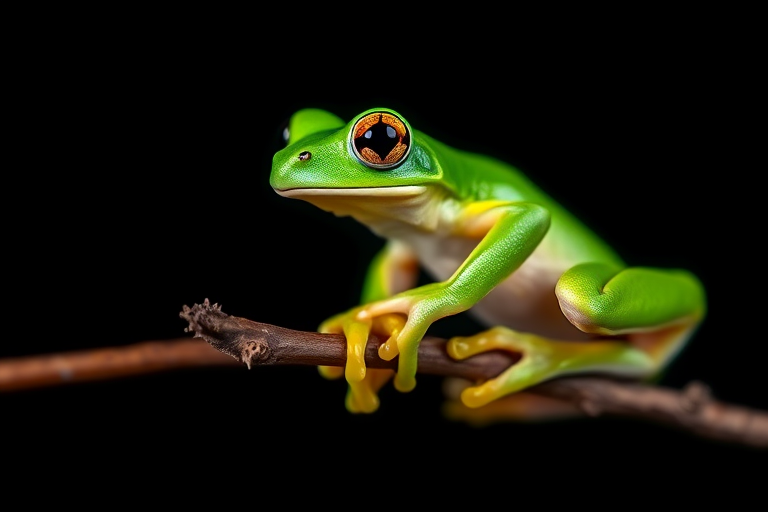 macro shot of a vibrant green frog perched on a twig against a dark background, shallow depth of field, f/2.8 aperture, ISO 100, 100mm lens, natural lighting, DSLR camera