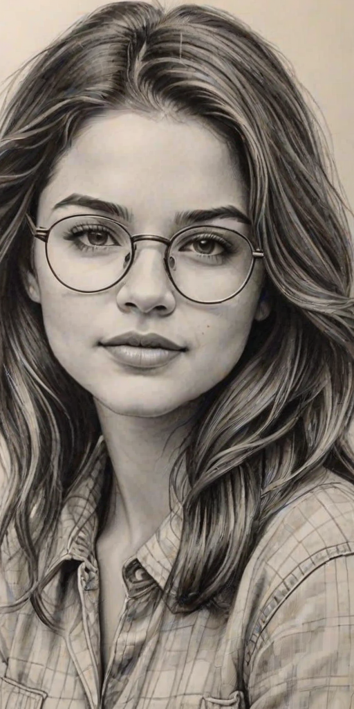 Beauteous Danielle Campbell, pencil sketch, portrait of Stunning woman 1926s in glasses, hair style beatnik, outline, clear lines, fine lines, 8k