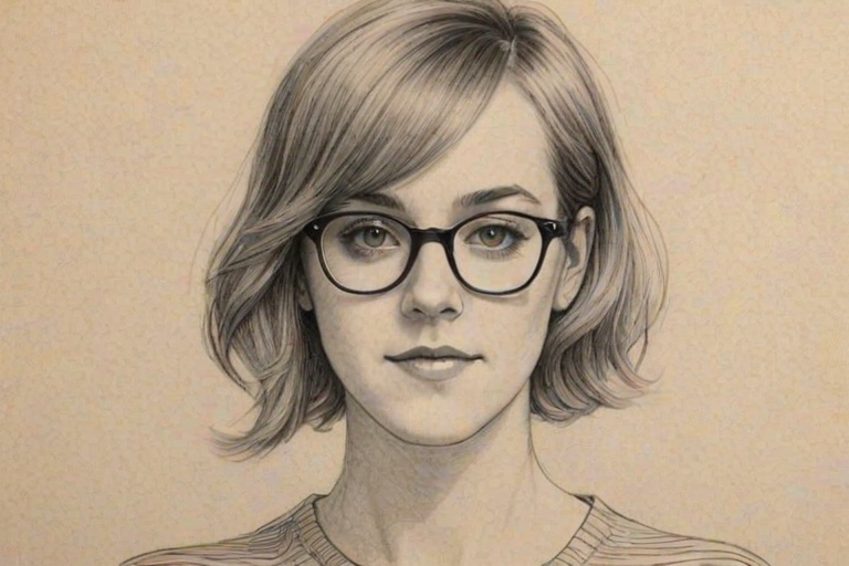 Comely Jena Malone, pencil sketch, portrait of Delightful woman 1928s in glasses, hair style beatnik, outline, clear lines, fine lines, 8k