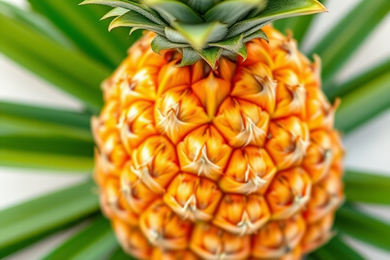 Create a detailed and vibrant illustration of a pineapple, focusing on its textured skin and lush green leaves, using a Canon EOS R5 camera, 50mm lens, f/2.8 aperture, ISO 100, and a slight top-down angle to enhance depth and detail in the image.