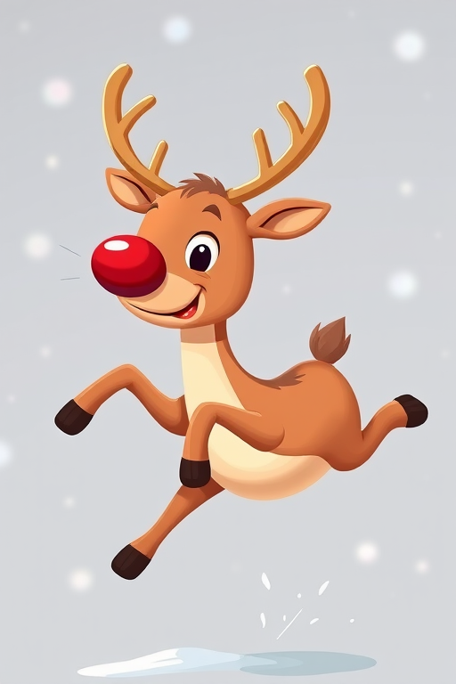 Create a whimsical illustration of a leaping brown reindeer with a red nose and playful eyes, use vibrant colors and a clean vector style, set with a Canon EOS R5, f/4 aperture, ISO 100, 24mm lens, natural lighting for enhanced detail and clarity.