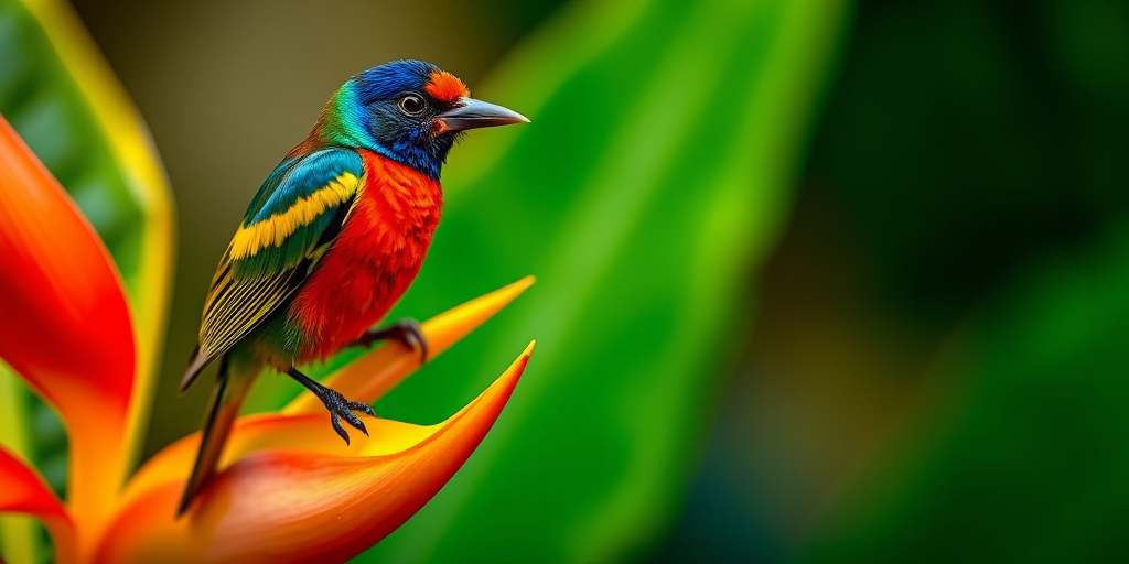 Capture a close-up shot of a vibrant bird perched on a heliconia flower with a blurred background, using a DSLR camera with a 100mm macro lens, aperture set to f/2.8 for shallow depth of field, ISO 400 for clarity, and a shutter speed of 1/500s to freeze motion.