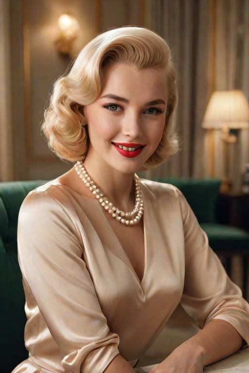 A beautiful woman reminiscent of 1950s Hollywood glamour, with perfectly styled blonde hair and a seductive smile, dressed in a satin blouse and adorned with pearls, soft and warm tones, photorealistic, 8K