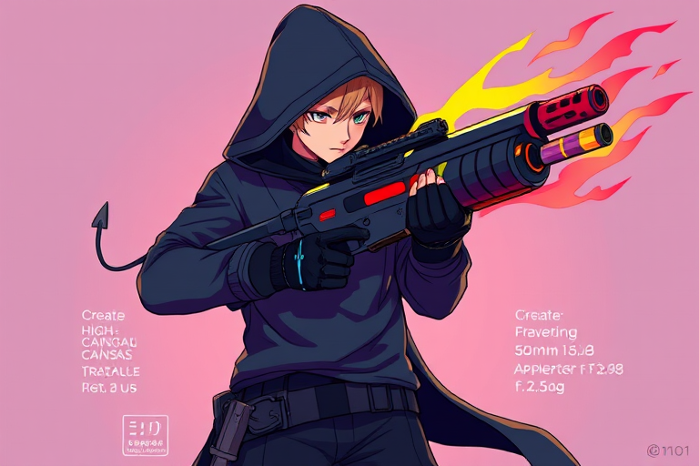 Create an illustration of a character in a hooded outfit holding a futuristic weapon with vibrant colors and flame patterns, use a high-resolution digital canvas, set the camera to 50mm focal length, aperture at f/2.8, and a slight vignette effect for emphasis, captured in a clean, vector art style.