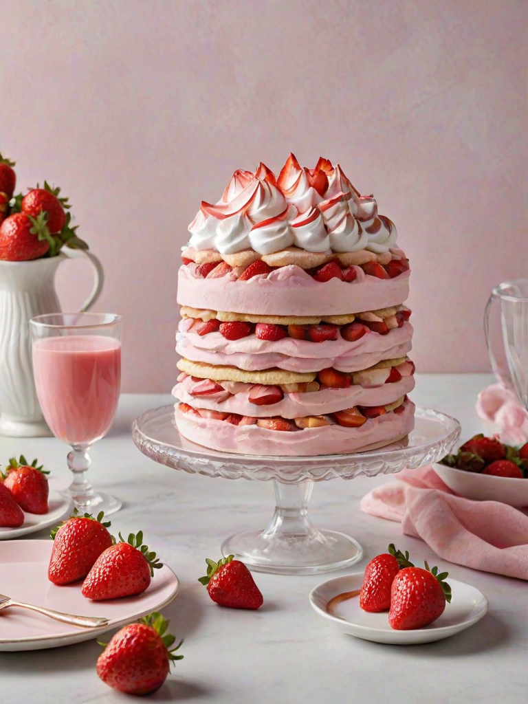 Create an image of a layered dessert featuring a pink meringue topping, a creamy middle layer, and a sponge cake base. The dessert should be presented on a white cake stand, with a slice cut out to reveal the layers. Include a few elegant glasses of a pink beverage in the background and some fresh strawberries for garnish. The setting should have a soft, pastel color scheme to enhance the dessert's appeal.