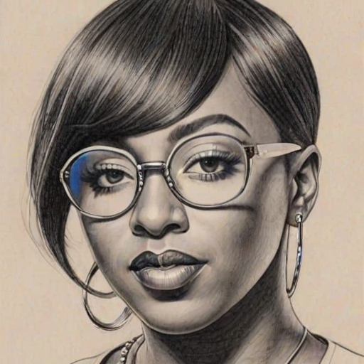 Graceful Missy Elliott, pencil sketch, portrait of Sublime woman 1925s in glasses, hair style beatnik, outline, clear lines, fine lines, 8k