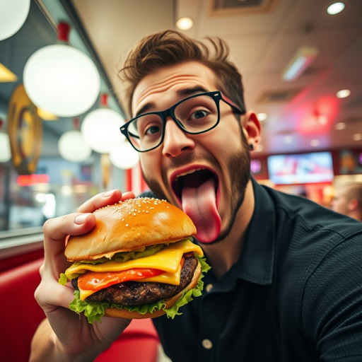 Capture a vibrant image of a man playfully sticking out his tongue while posing with a cheeseburger in a well-lit diner, using a 50mm lens at f/1.8, ISO 200, shutter speed 1/100, with a slightly elevated angle for a dynamic composition.
