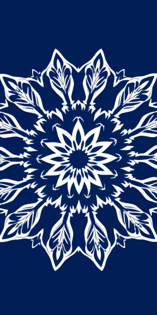 Generate a symmetrical mandala design with intricate white patterns on a deep blue background, using a Canon EOS R5 camera, 50mm lens, aperture f/2.8, ISO 100, and a high-resolution focus to enhance image quality.